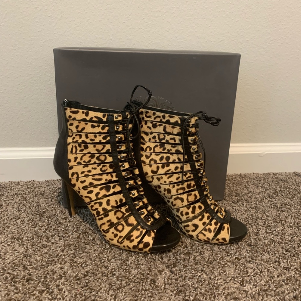Vince Camuto leopard print lace up boots